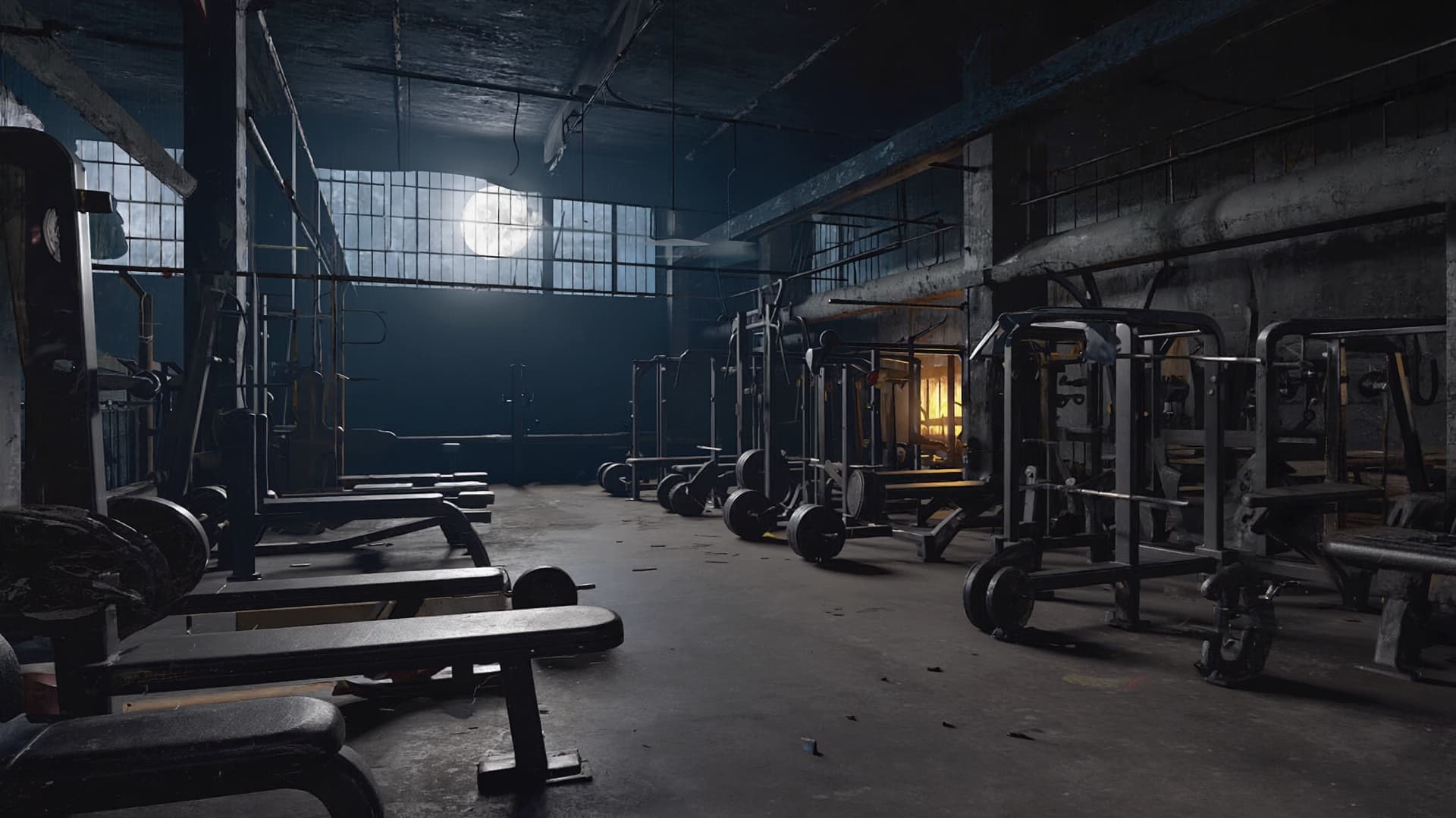An empty gym at night, moonlight falling across the floor